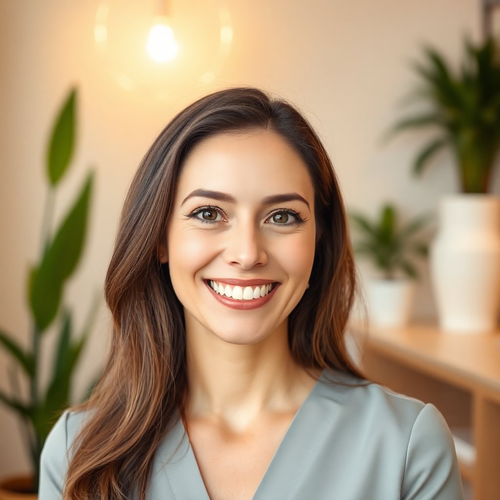 Portrait of a friendly, professional woman (approx 35-40 years old) in a high-end wellness studio setting, smiling warmly, soft focus background with plants and soft lighting, professional skincare expert look, pastel colors.